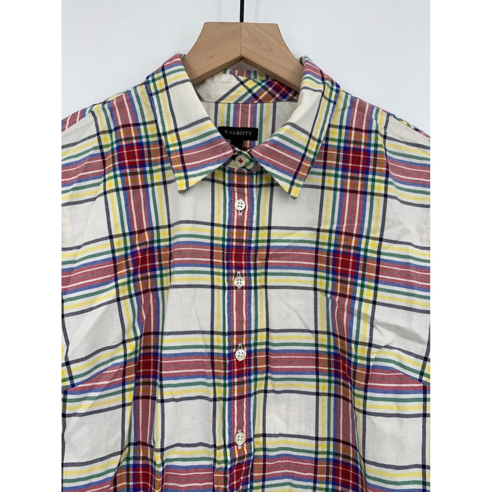 Talbots Shirt Womens Medium Red Blue Yellow Plaid Long Sleeve Button Down Cotton